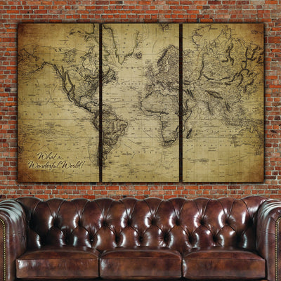 Golden Brown Vintage World Map Wall Art - Circa 1850 - Canvas Wall Art - HolyCowCanvas