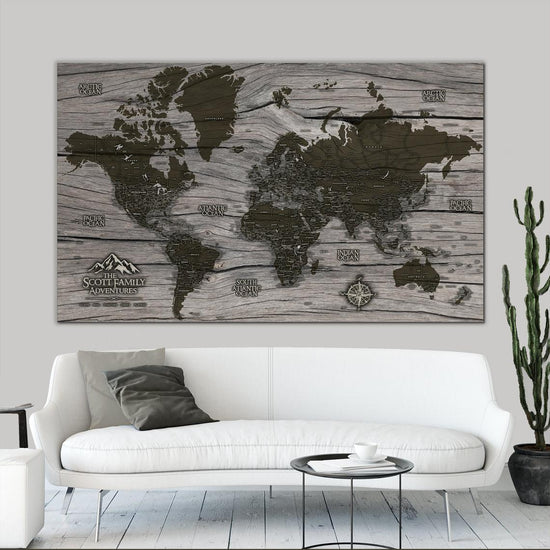 Weathered Wood World Push Pin Map - Single Panel