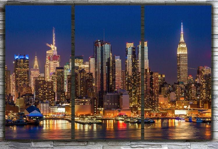 Tableau Toile New York City Skyline La Nuit - Format 60x40 Cm, Impression UV, Châssis Bois - Déco Murale - 9
